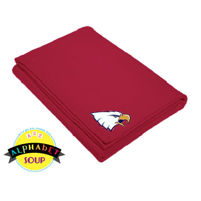 Liberty High School eagle logo on red sweatshirt blanket