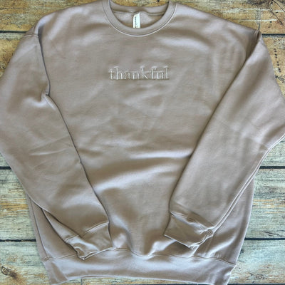 Adult tan "Thankful" Bella Canvas crewneck sweatshirt