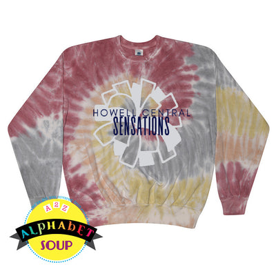 Sensations logo on tie dye crewneck in maroon grey and gold