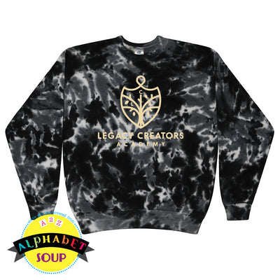 Legacy Creators Academy logo on black tie dye crewneck sweatshirt