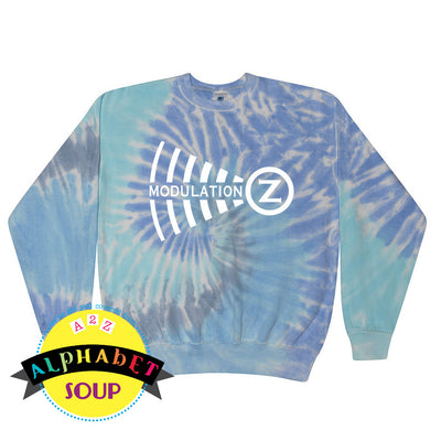 Modulation Z logo on blue tie dye crewneck sweatshirt