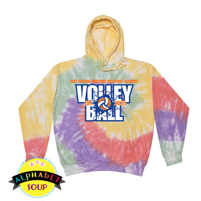 Tie-dye hoodie with 'Volleyball' text and logo