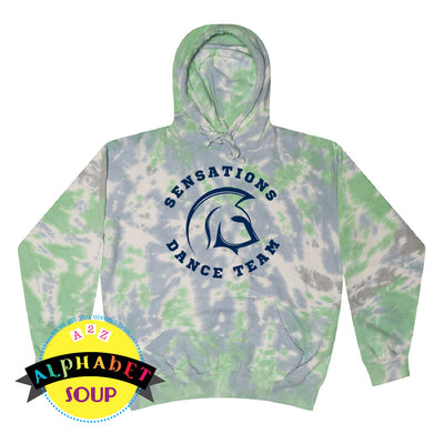 Sensations logo on tie dye hoodie in green and blue