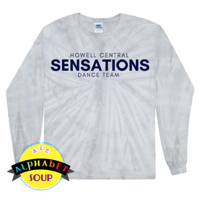 Sensations logo on tie dye long sleeve in silver