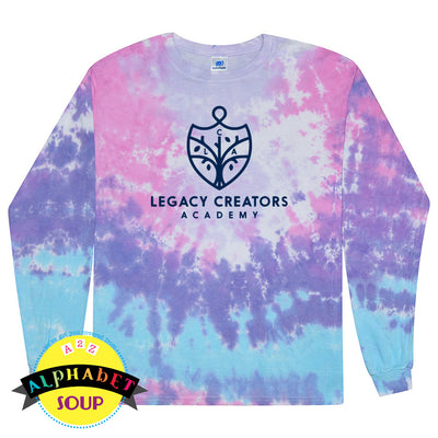 Legacy Creators Academy logo on pink purple and blue tie dye long sleeve tee
