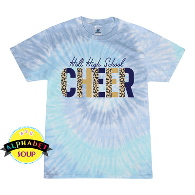 Colortone tie dye short sleeve tee with the Holt leopard cheer design