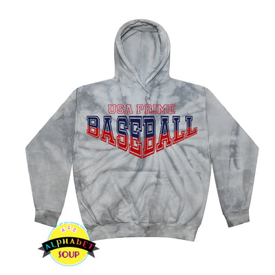 Colortone tie dye hoodie with the USA Prime Baseball design 