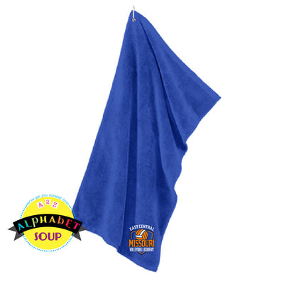 ecmo volleyball orange logo on blue towel