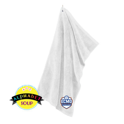 ecmo volleyball logo on white towel