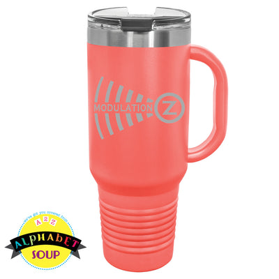 Modulation Z logo on coral travel mug tumbler with handle