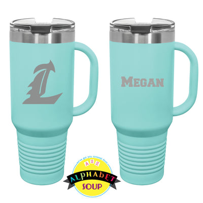Liberty High School L logo and name on light blue travel tumbler