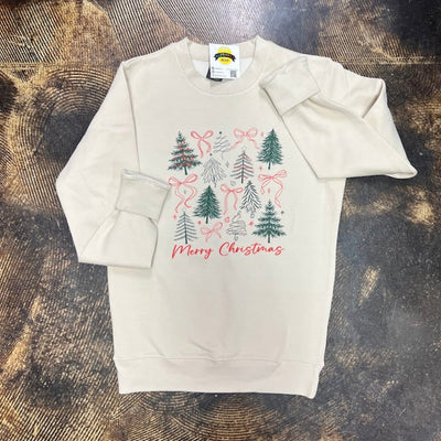 beige sweatshirt with Christmas tree and bow design 