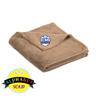 ECMO logo on light brown ultra plush blanket