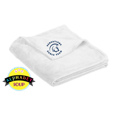 FHC Sensations logo on ultra plush blanket in white