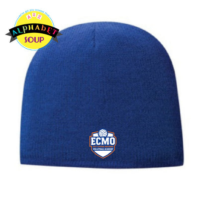 ECMO logo on royal blue uncuffed lined beanie