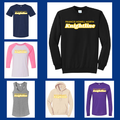 FHN Knightline gold design on sweatshirts and tees collage