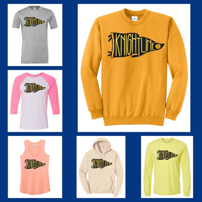 FHN knightline pennant design on sweatshirts and tees collage