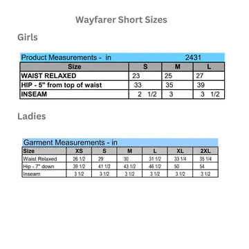 Size chart for Wayfarer running shorts for girls and ladies