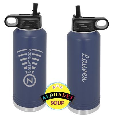 Water bottle with etched Modulation Z logo and name