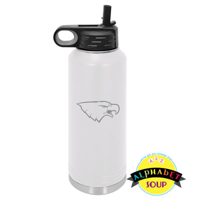 Liberty High School eagle logo on white water bottle