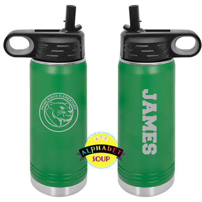 jds etched water bottles with the Peine ridge logo on one side and name on the other
