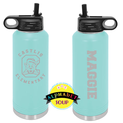 JDS water bottle with a flip top lid, the Castlio logo is etched on the side and name on the other side