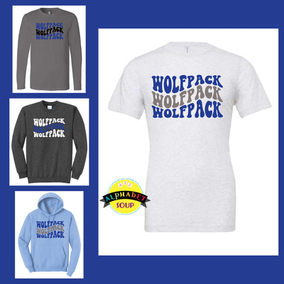 John Weldon Wavy Wolfpack design on tees and sweatshirts