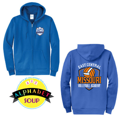 Blue hoodie with 'ECMO' logo on front and 'East Central Missouri Volleyball Academy' 