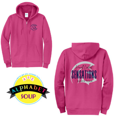 Full zip hoodie with Sensations large design on back with  logo on front left chest.