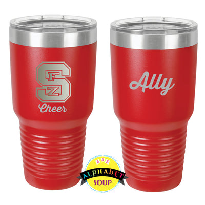 FZS Jr Bulldogs Cheer Design on the front and name on the back of this JDS Etched 30oz Tumbler