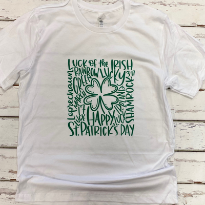 white tee with st. patricks day themed words in green