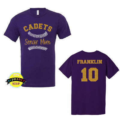 CBC Cadets Senior Mom Baseball Tee with Name and number on the back.