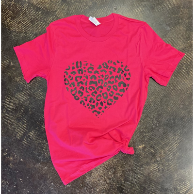 Bella Canvas Short Sleeve Shocking Pink Tee with Leopard Heart
