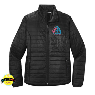 Port Authority Ladies Packable Puffy jacket with the Gateway Nanny Agency logo.