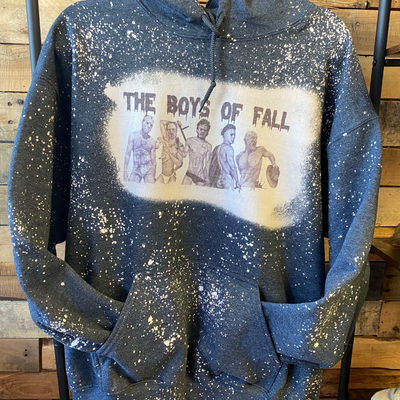 The Boys of Fall on a bleached charcoal hoodie