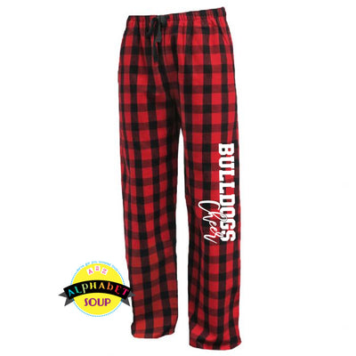 Pennant Flannel Pants with Bulldogs Cheer down the leg.