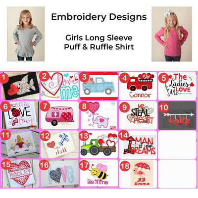 Girls Long Sleeve Valentine's Day Embroidered Design Shirts