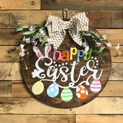 Happy Easter Round Sign with Bunny Ears and Color Eggs