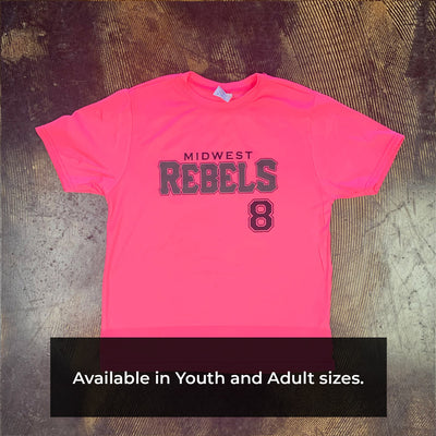 Midwest Rebels personalized spirit wear. Performance tee in neon colors with player number