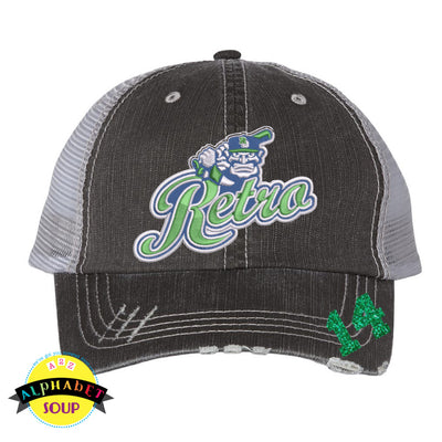 Retro Logo embroidered on a black trucker hat with a glitter number