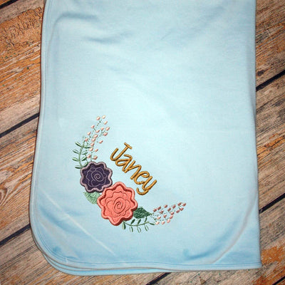 Embroidered Two Flower Swag & Name Baby Blanket