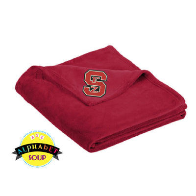 Port Authority Ultra Plush Red Blanket with FZS Logo embroidered in the corner of the blanket.