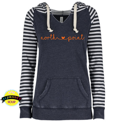 North Point script design on the Striped chalk pullover hoodie